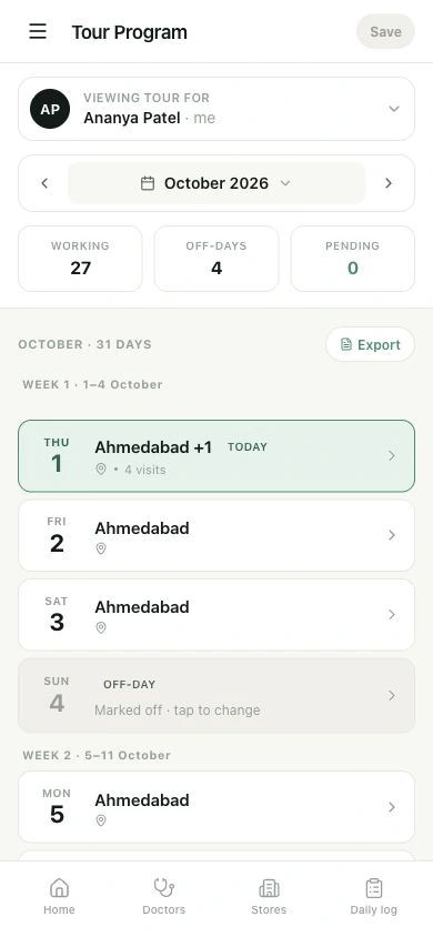 Plan work days, cities and visits on the month calendar.