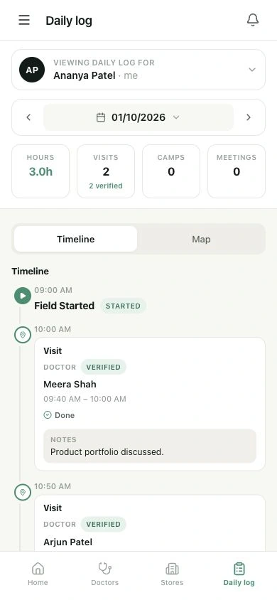 Review work sessions and visit records in one timeline.